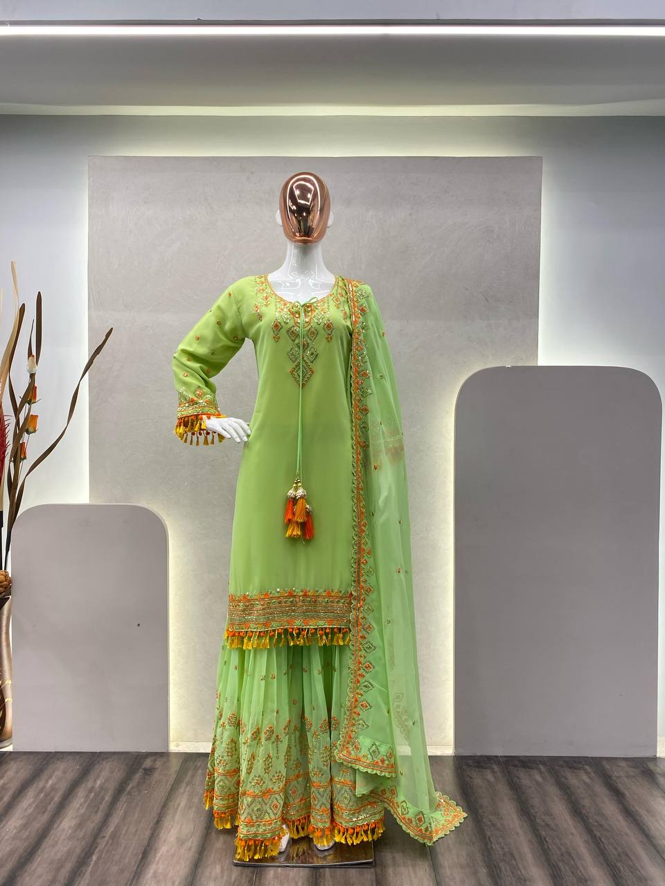 "Bollywood-Style Faux Georgette Sequin Embroidered Suit with Sharara & Dupatta"