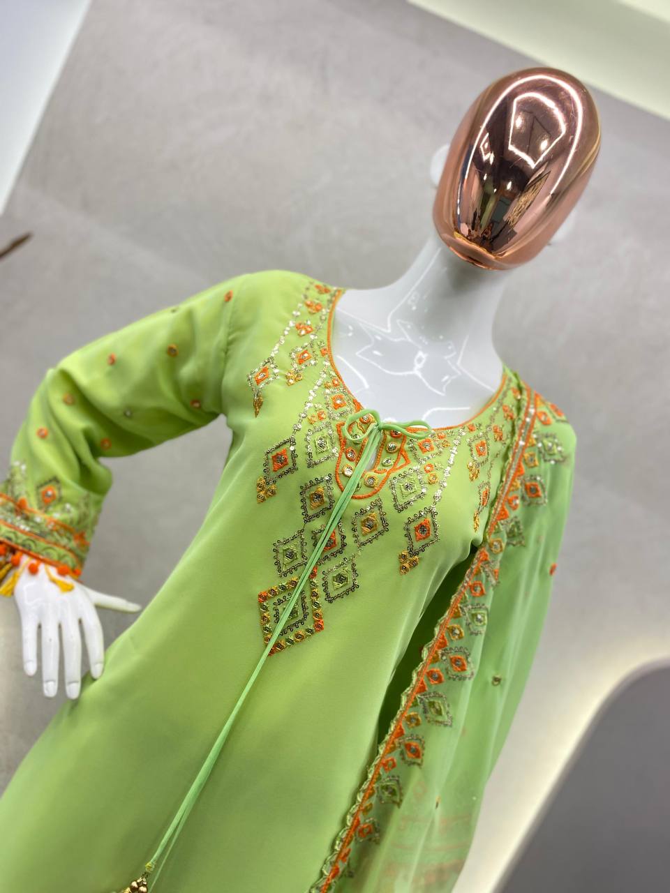 "Bollywood-Style Faux Georgette Sequin Embroidered Suit with Sharara & Dupatta"