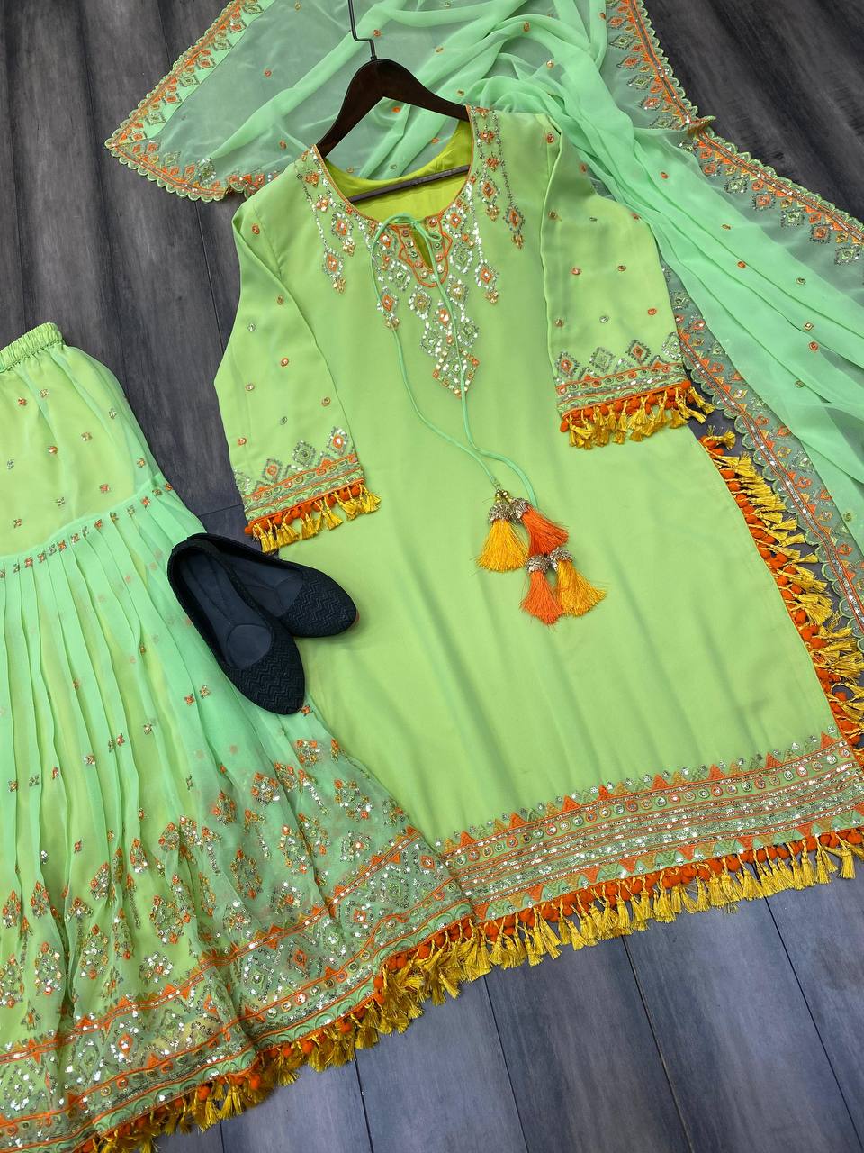 "Bollywood-Style Faux Georgette Sequin Embroidered Suit with Sharara & Dupatta"