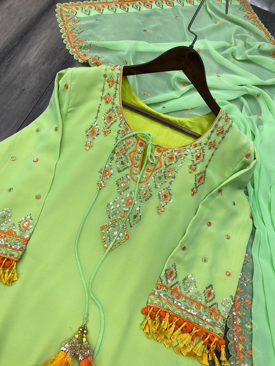 "Bollywood-Style Faux Georgette Sequin Embroidered Suit with Sharara & Dupatta"