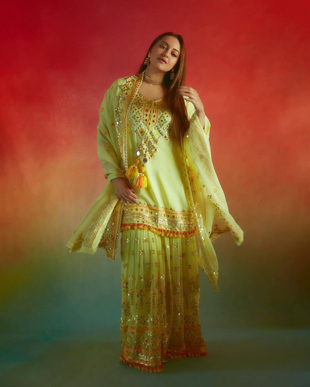 "Bollywood-Style Faux Georgette Sequin Embroidered Suit with Sharara & Dupatta"