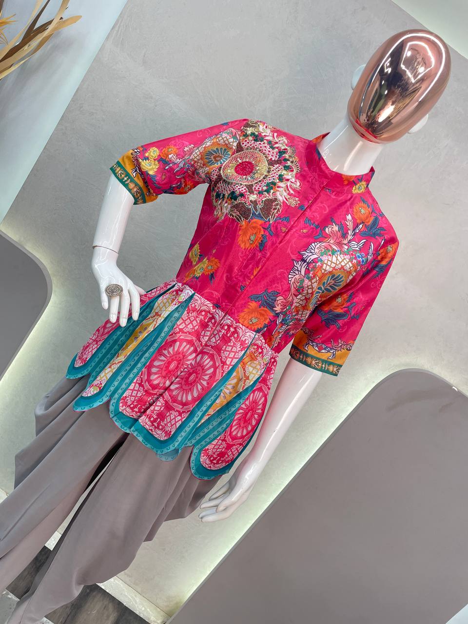 Exclusive Crepe Silk Embroidered Top with Stylish Fiyona Silk Dhoti