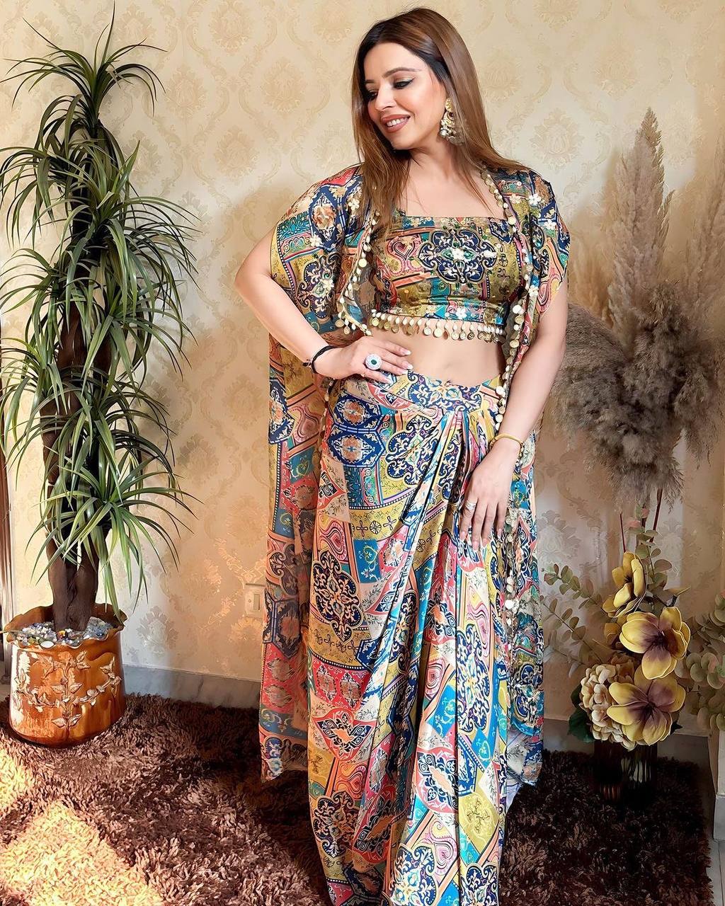 "Designer Western Style Crepe Silk Koti with Coin Lace, Blouse & Western Bottom Set"