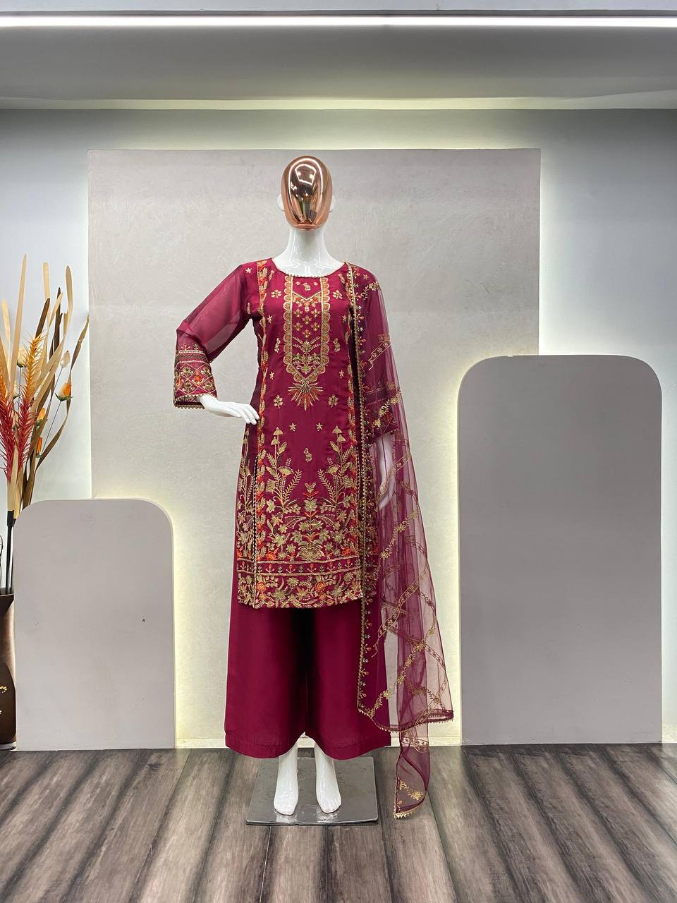 "Exquisite Rangoli Silk Suit with Sequin Embroidery – Includes Stylish Pant & Dupatta"