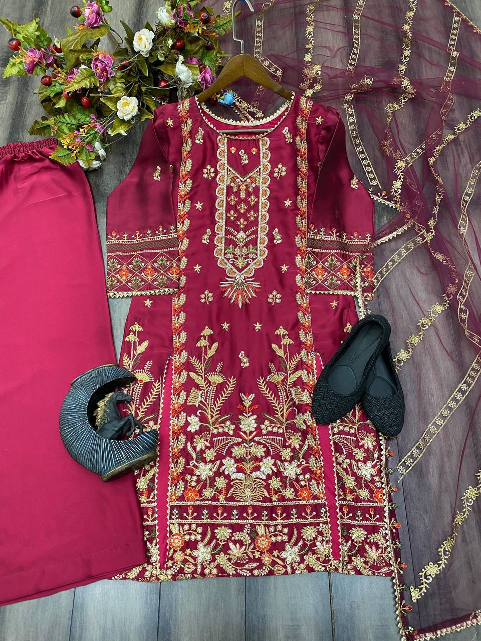 "Exquisite Rangoli Silk Suit with Sequin Embroidery – Includes Stylish Pant & Dupatta"