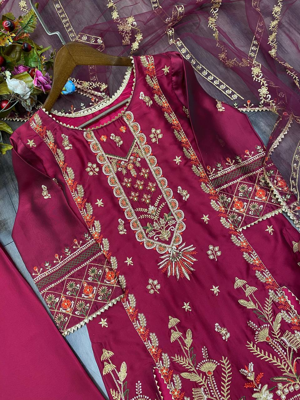 "Exquisite Rangoli Silk Suit with Sequin Embroidery – Includes Stylish Pant & Dupatta"