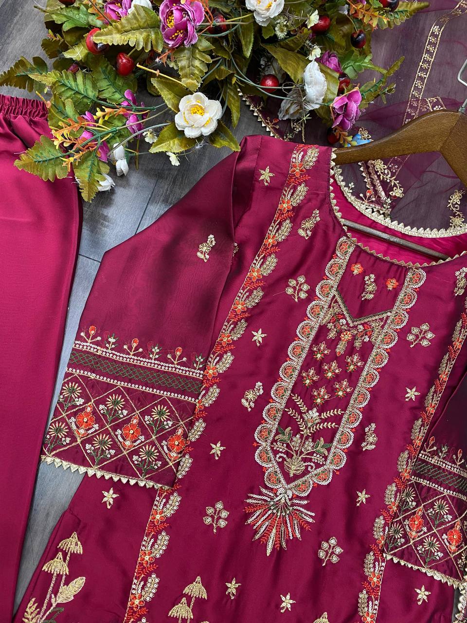 "Exquisite Rangoli Silk Suit with Sequin Embroidery – Includes Stylish Pant & Dupatta"