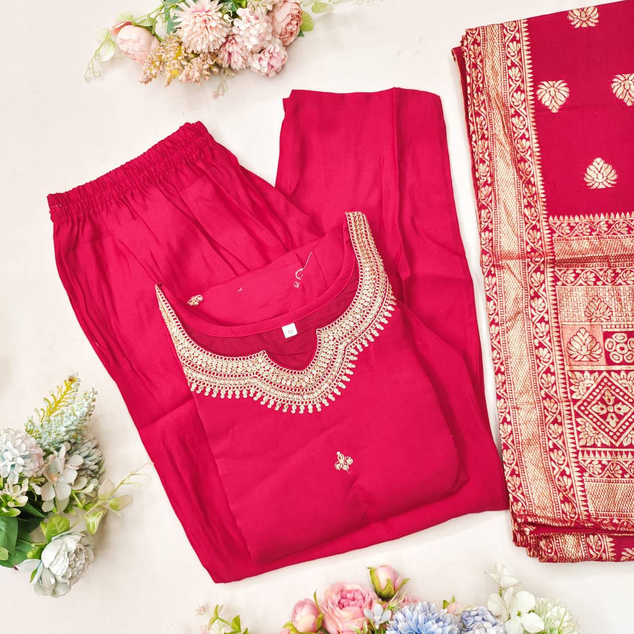 Regal Radiance – Heavy Roman Silk Embroidered Suit Set with Zari Weaving