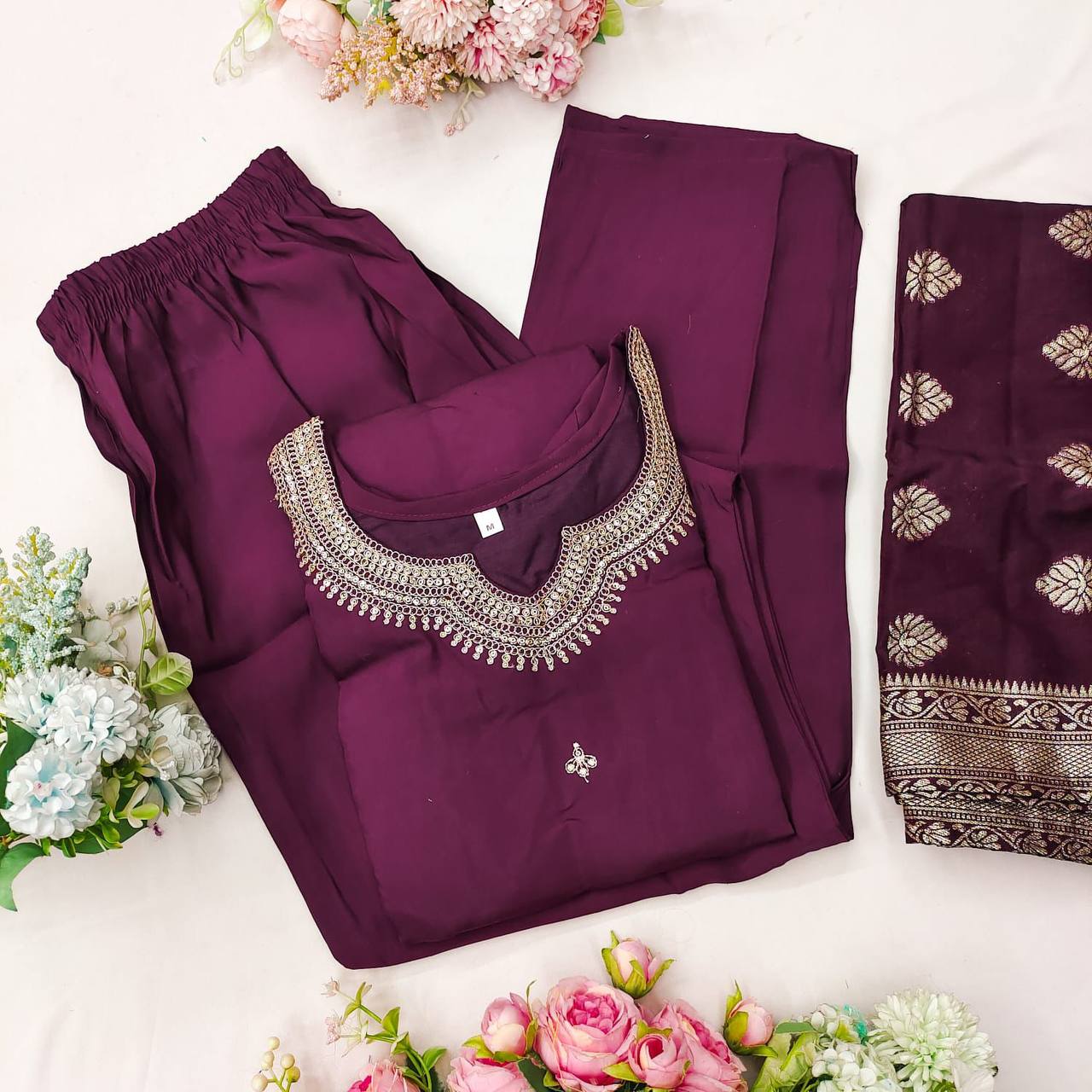 Regal Radiance – Heavy Roman Silk Embroidered Suit Set with Zari Weaving