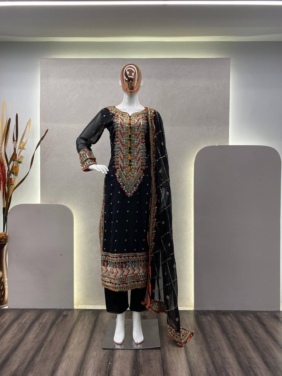 "Elegant Eid Special Faux Georgette Sequin Embroidered Suit with Stitched Pant & Dupatta"