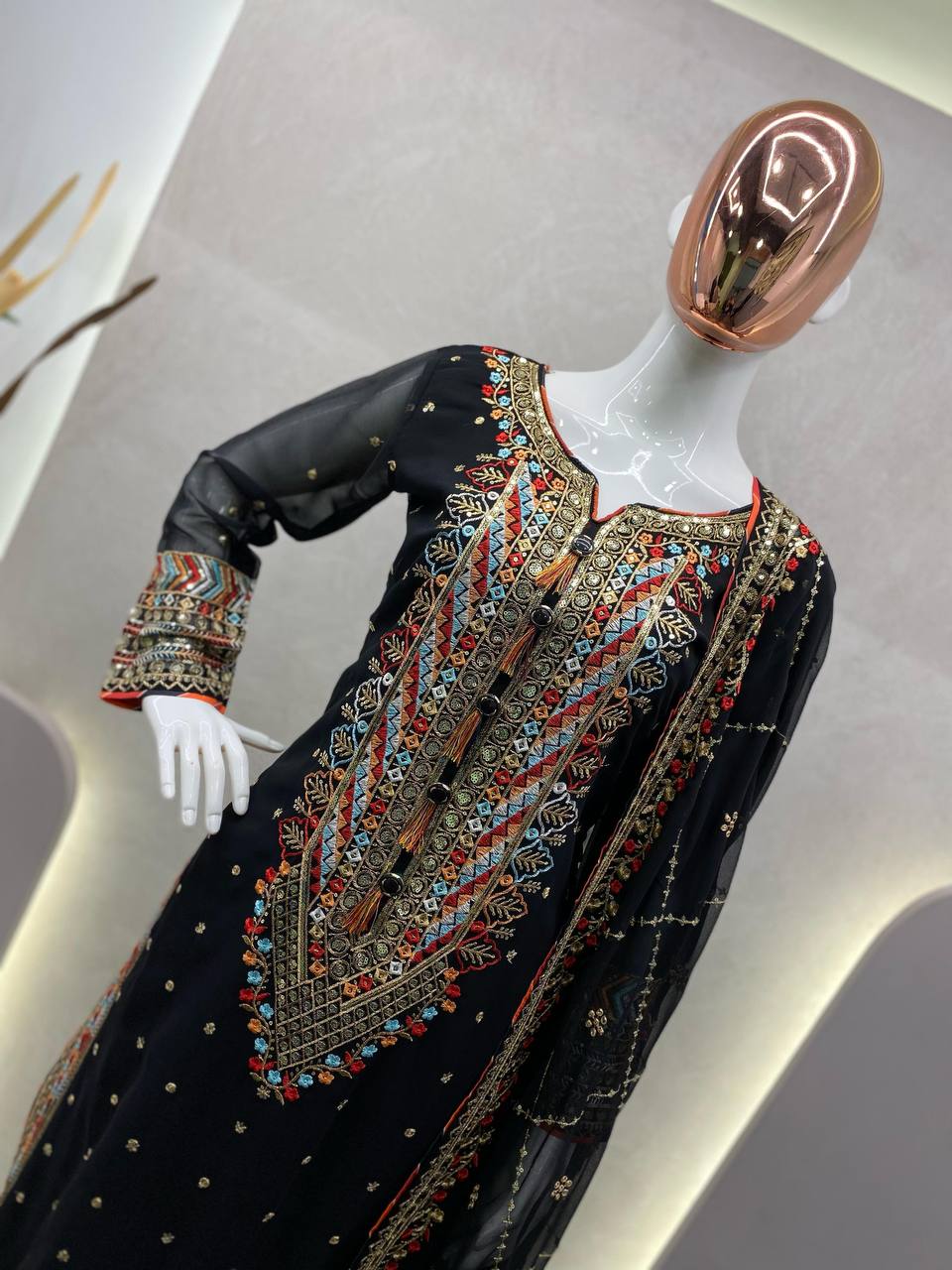 "Elegant Eid Special Faux Georgette Sequin Embroidered Suit with Stitched Pant & Dupatta"