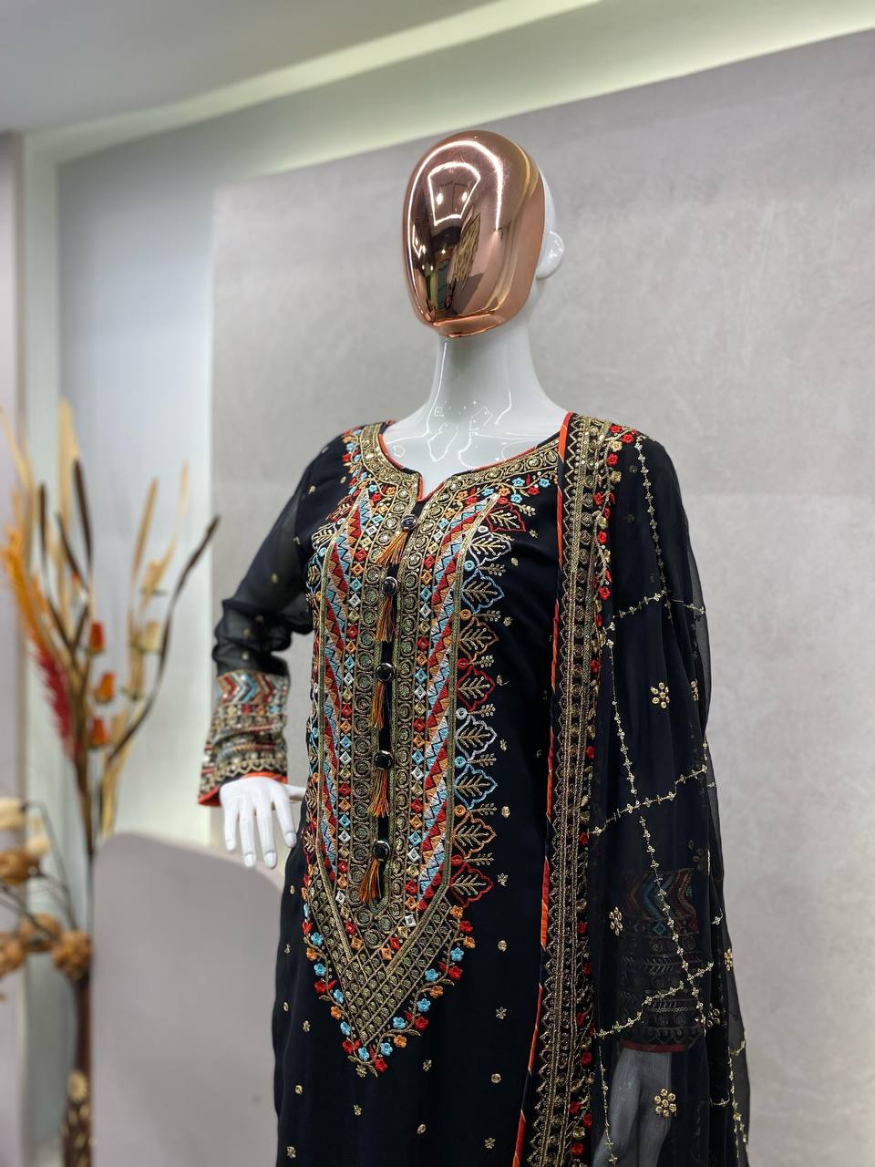 "Elegant Eid Special Faux Georgette Sequin Embroidered Suit with Stitched Pant & Dupatta"