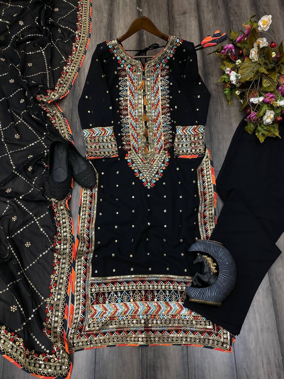 "Elegant Eid Special Faux Georgette Sequin Embroidered Suit with Stitched Pant & Dupatta"