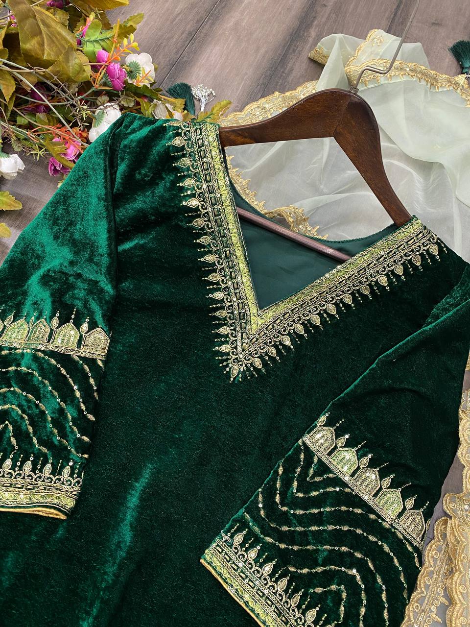 "Bollywood-Style Winter Velvet Suit with Cording Sequence Embroidery & Georgette Dupatta"