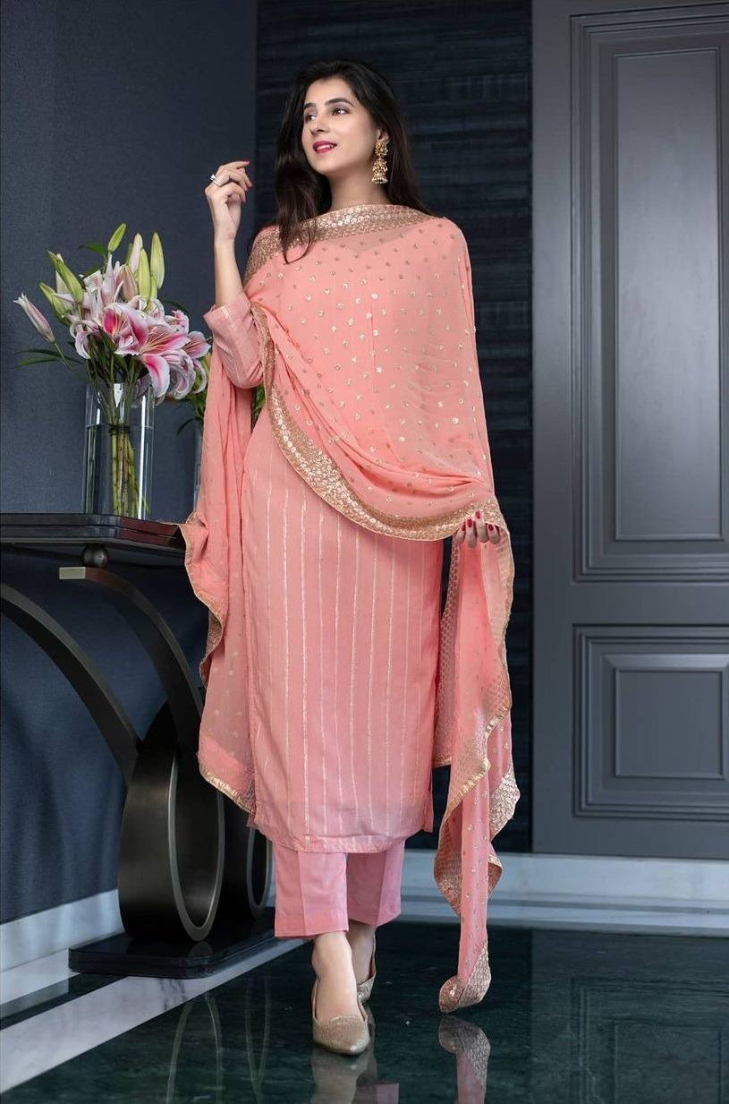 "Ramzan Special Fancy Chanderi Suit with Foil Work, Stitched Pant & Sequined Dupatta"