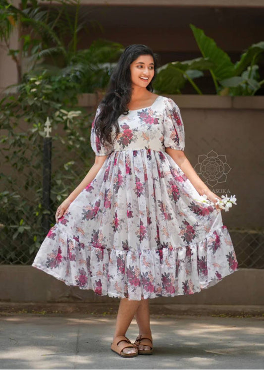 Elegant Floral Georgette Short Dress with Beaded Details 🌸✨