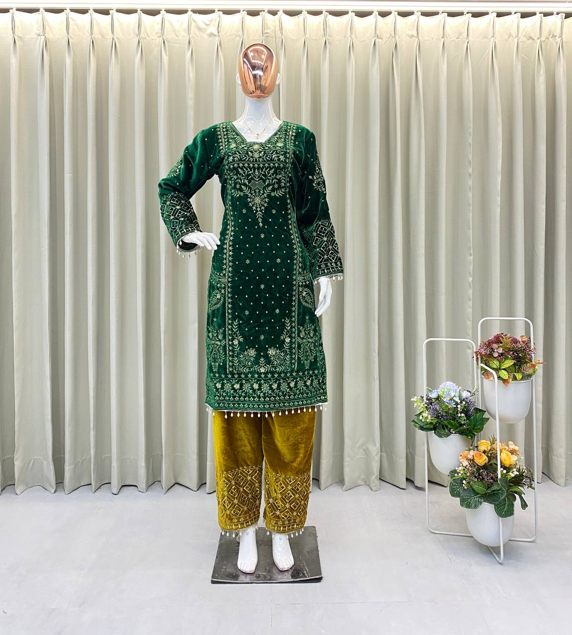 Bollywood Winter Velvet Suit with Embroidery and Lace Detailing