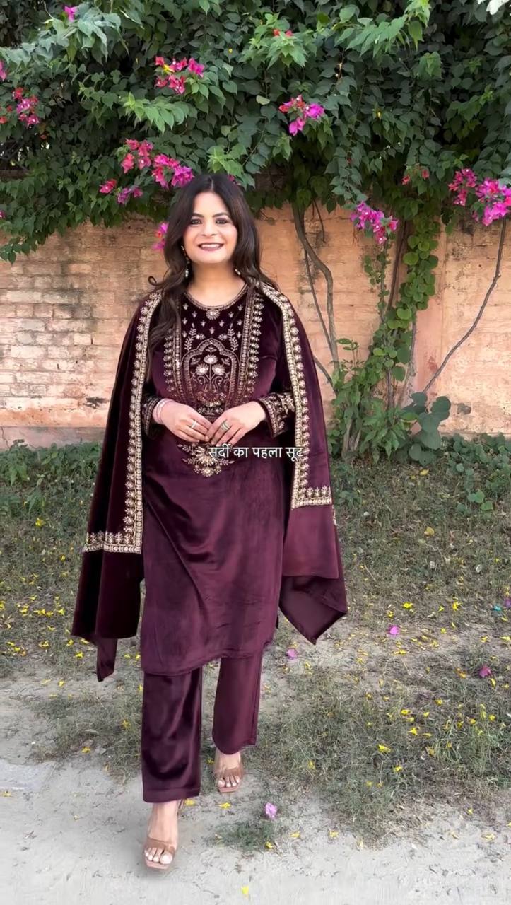 Luxurious Velvet Embroidered Suit Set with Pant and Dupatta