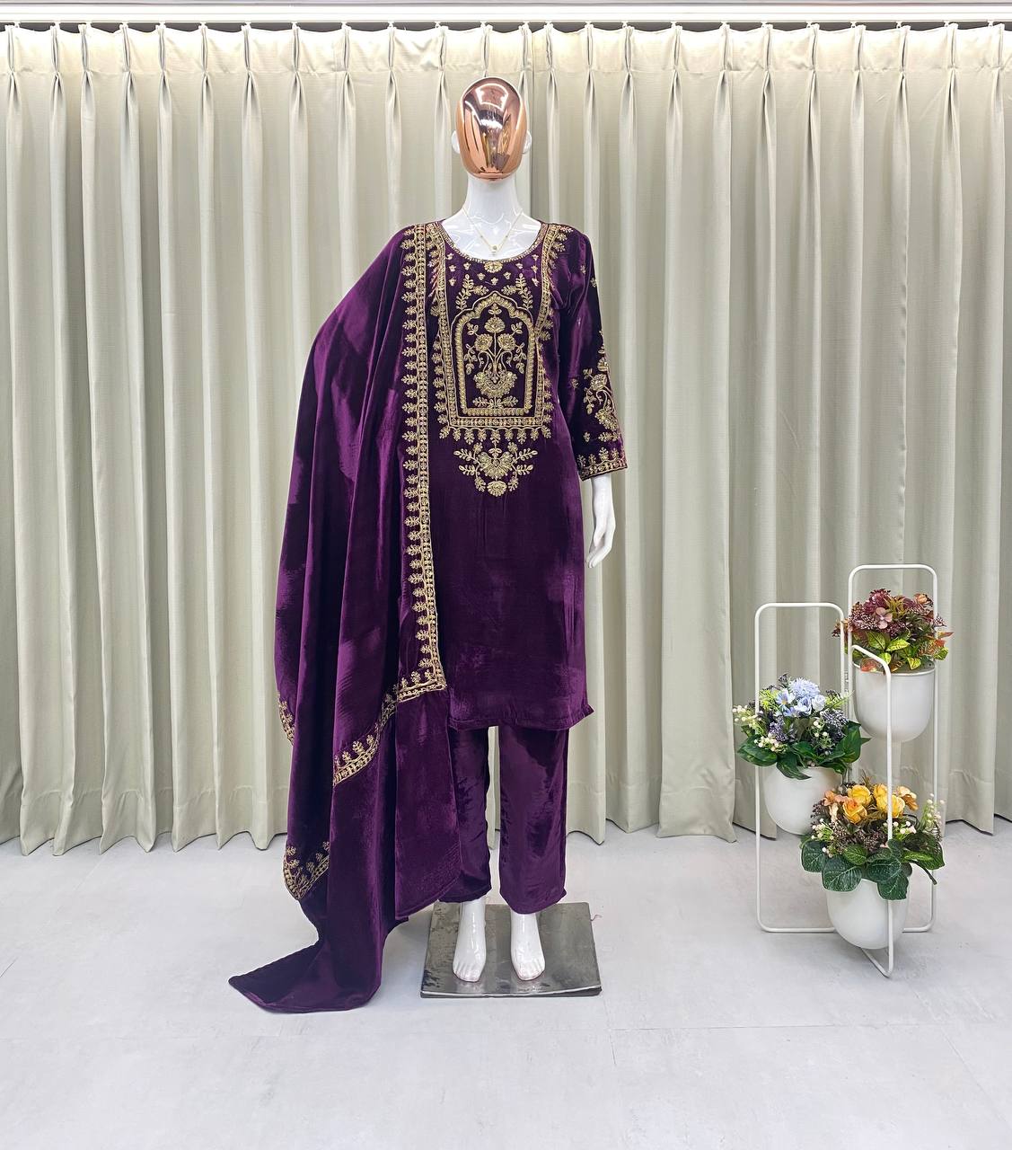 Luxurious Velvet Embroidered Suit Set with Pant and Dupatta