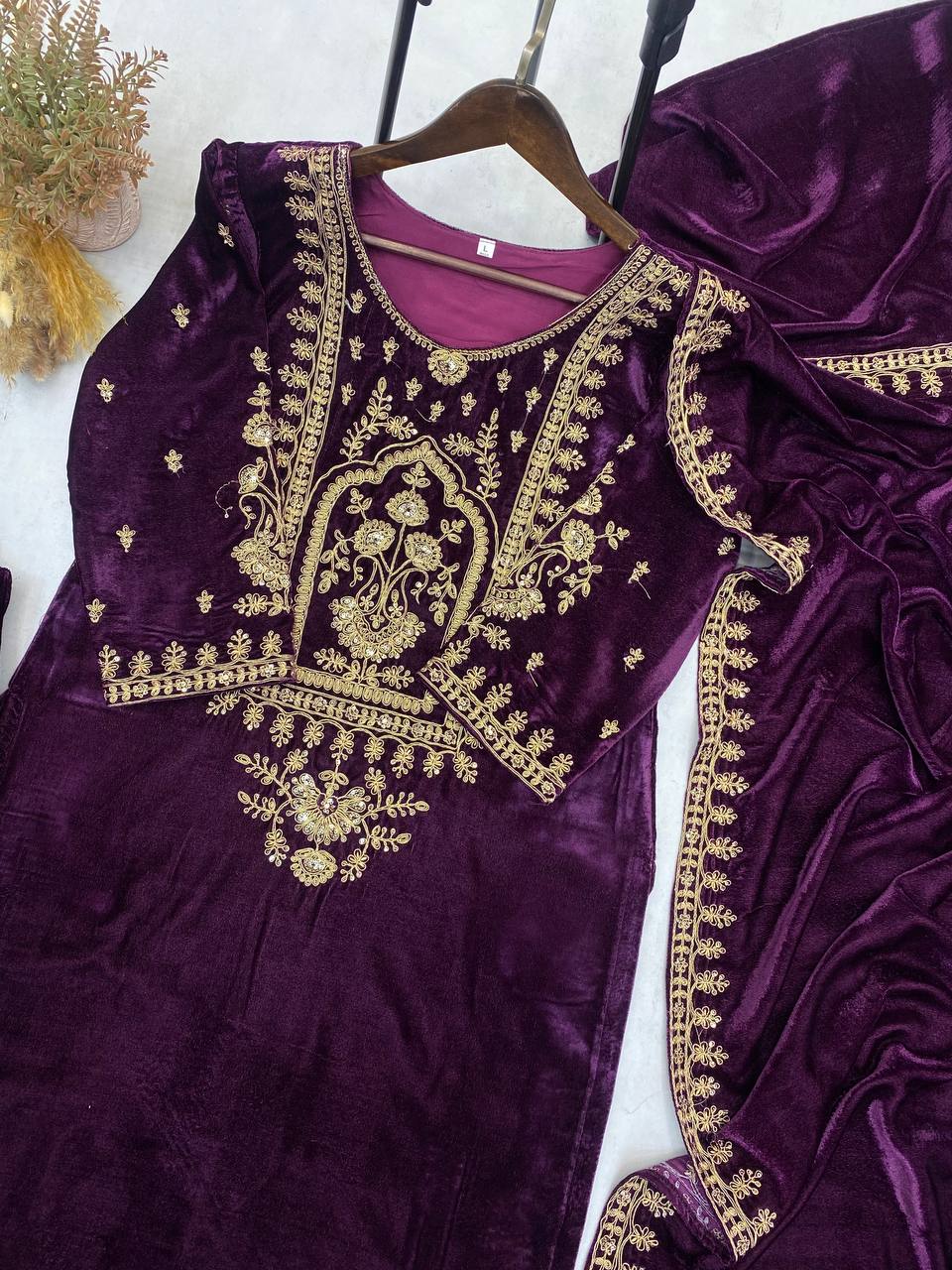 Luxurious Velvet Embroidered Suit Set with Pant and Dupatta