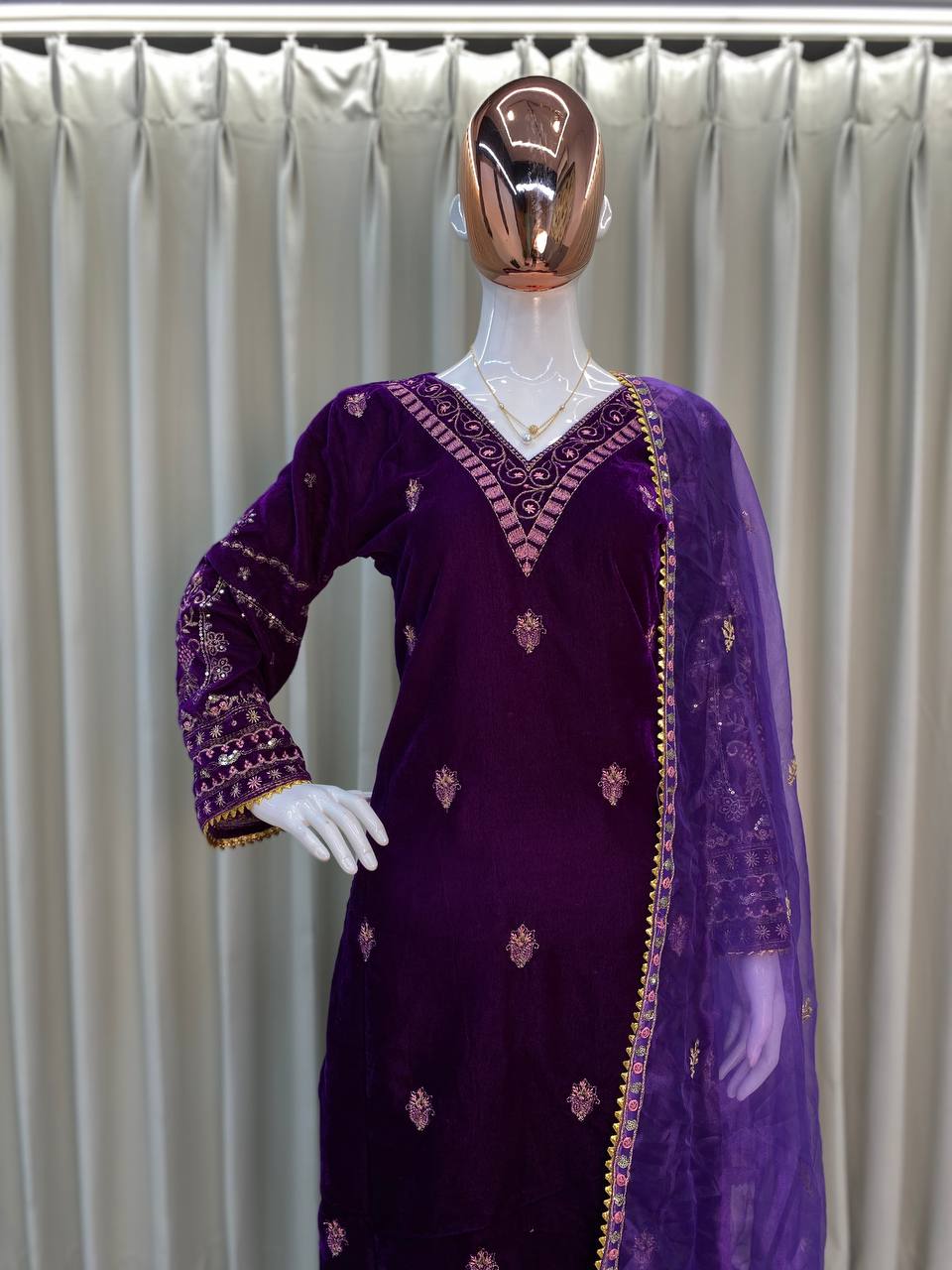 Royal Velvet Sequence Embroidered Suit with Plazo and Organza Dupatta