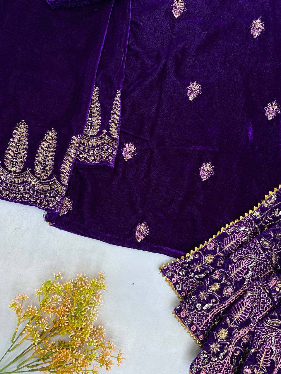 Royal Velvet Sequence Embroidered Suit with Plazo and Organza Dupatta