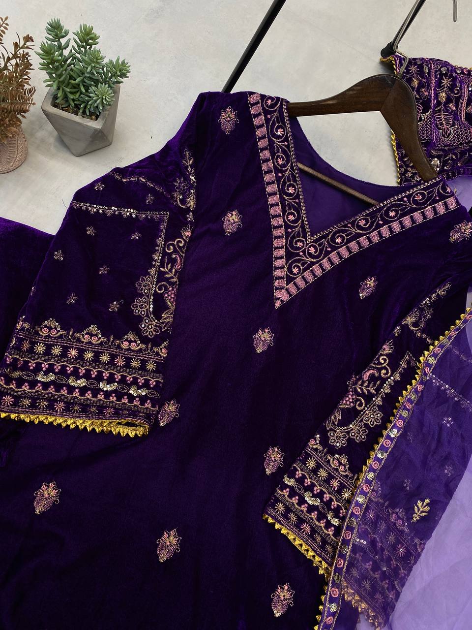 Royal Velvet Sequence Embroidered Suit with Plazo and Organza Dupatta