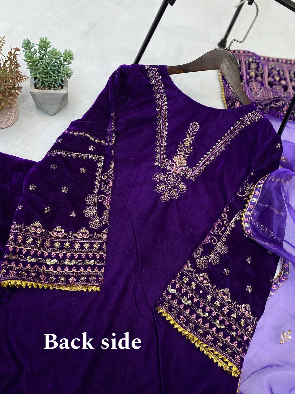 Royal Velvet Sequence Embroidered Suit with Plazo and Organza Dupatta