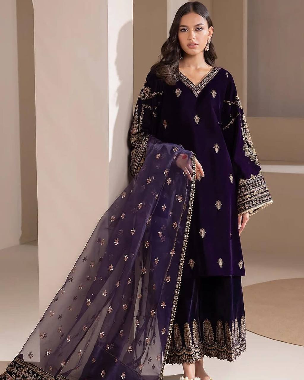 Royal Velvet Sequence Embroidered Suit with Plazo and Organza Dupatta