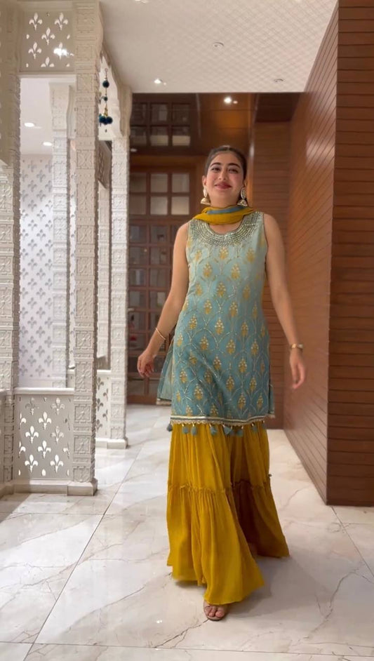 "Elegant 3D Silk Embroidered Gown with Ruffle Sarara & Latkan Dupatta – Perfect for Festive Occasions"