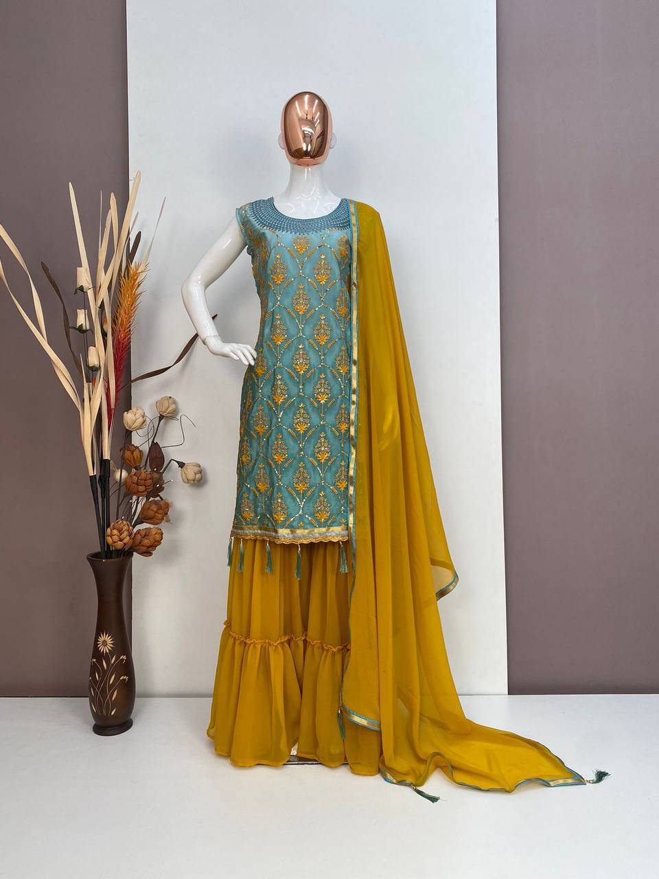 "Elegant 3D Silk Embroidered Gown with Ruffle Sarara & Latkan Dupatta – Perfect for Festive Occasions"