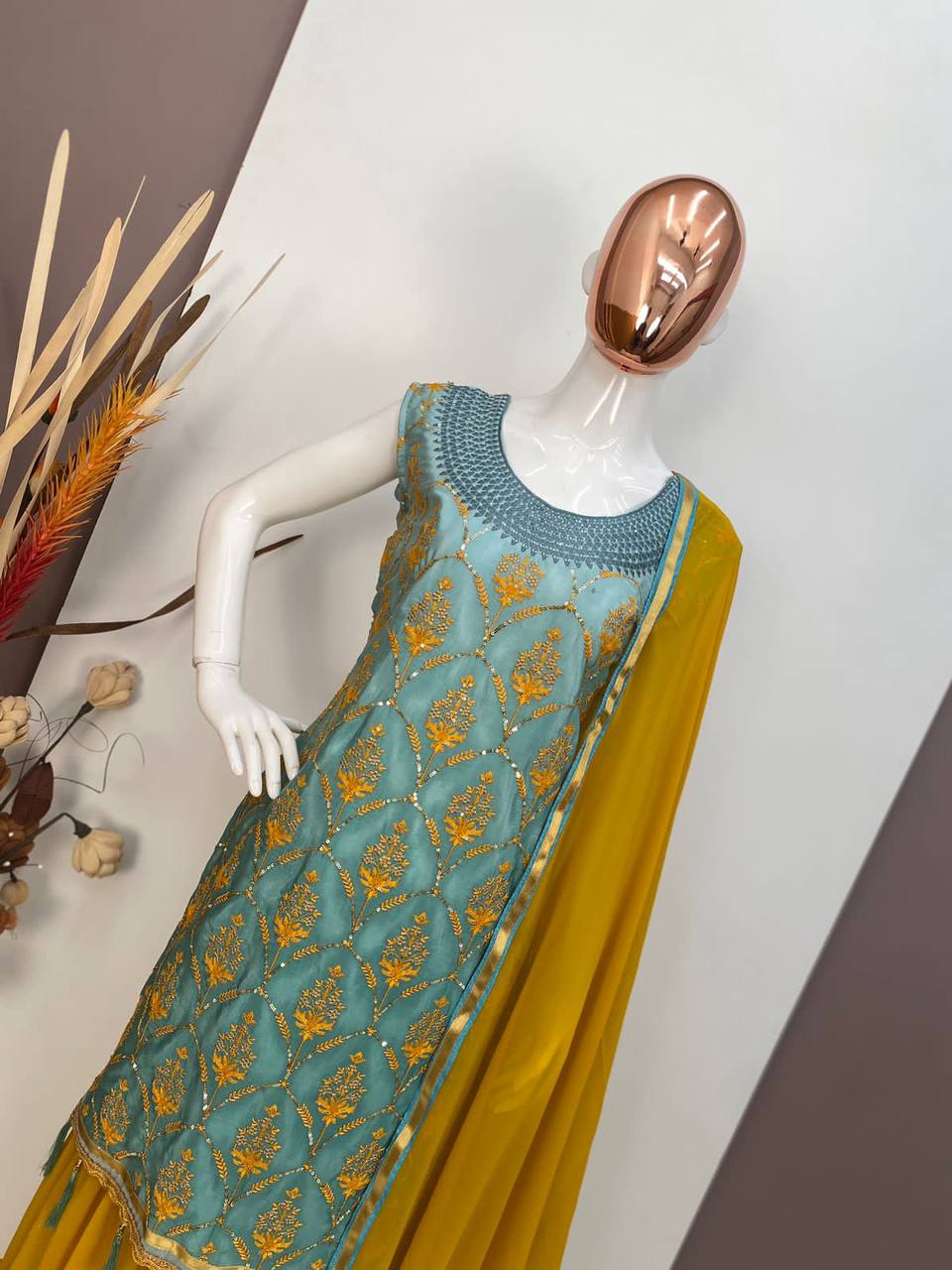 "Elegant 3D Silk Embroidered Gown with Ruffle Sarara & Latkan Dupatta – Perfect for Festive Occasions"