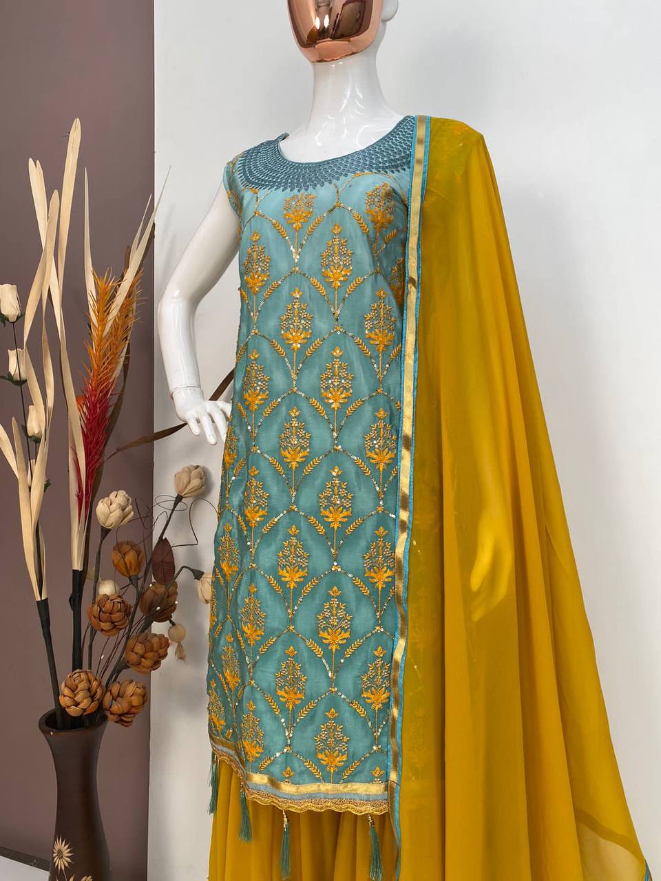 "Elegant 3D Silk Embroidered Gown with Ruffle Sarara & Latkan Dupatta – Perfect for Festive Occasions"