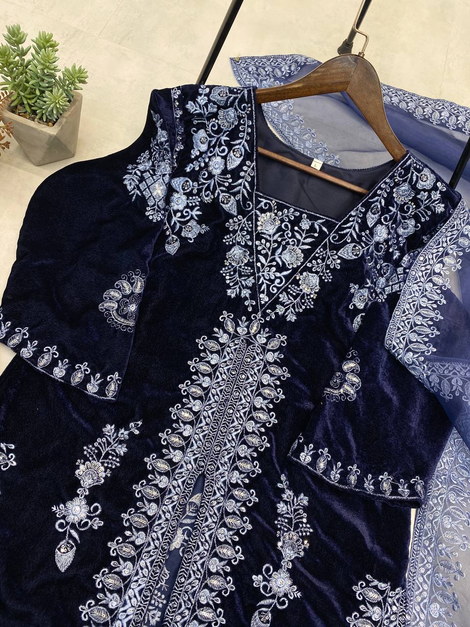 Elegant Velvet Sequins Embroidered Suit with Plazo and Dupatta