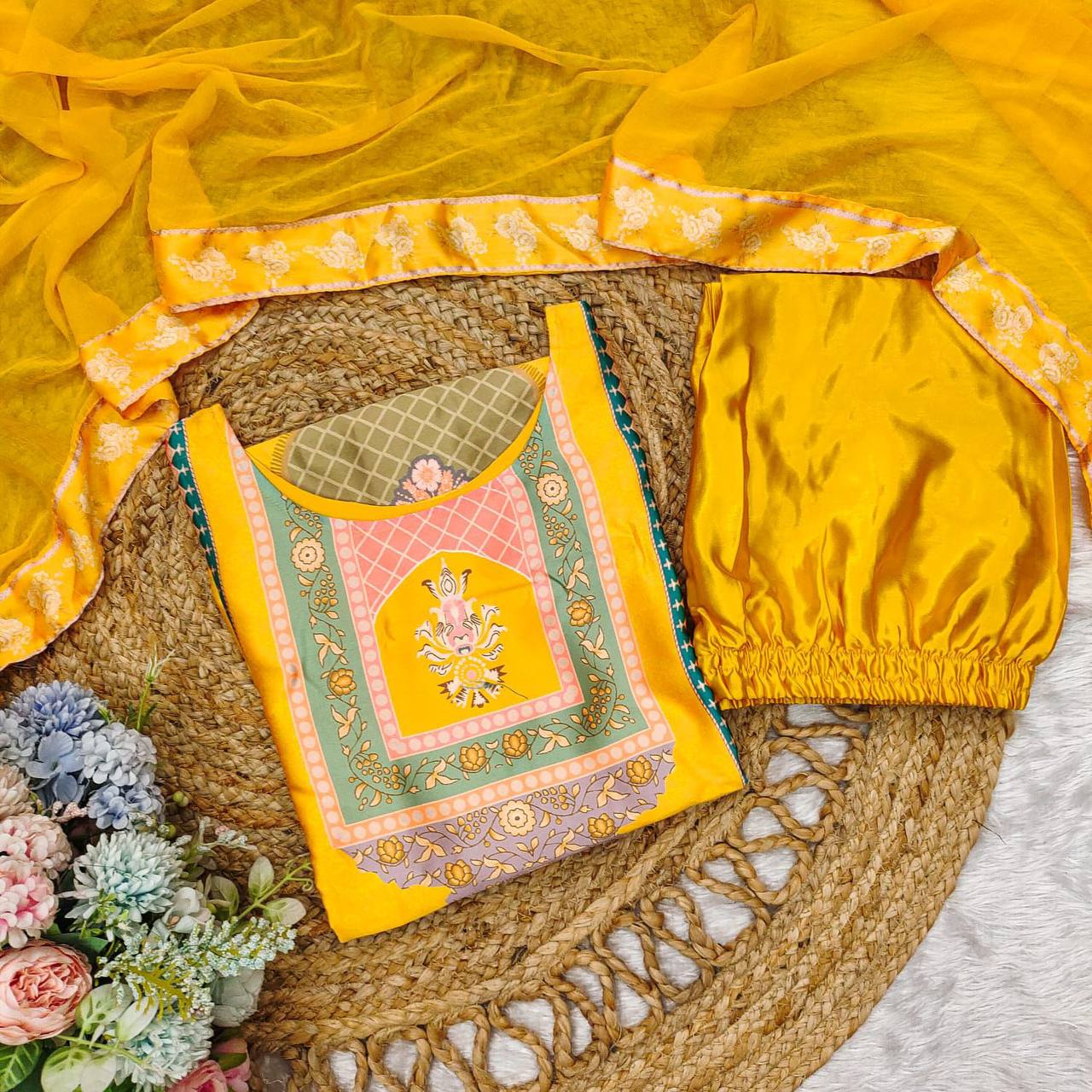 Vibrant Yellow Satin Silk Suit Set with Nazneen Dupatta & Lace Detailing