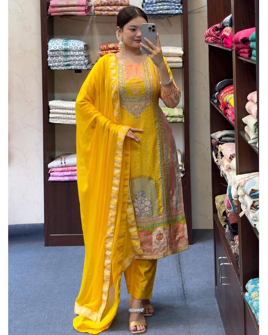 Vibrant Yellow Satin Silk Suit Set with Nazneen Dupatta & Lace Detailing