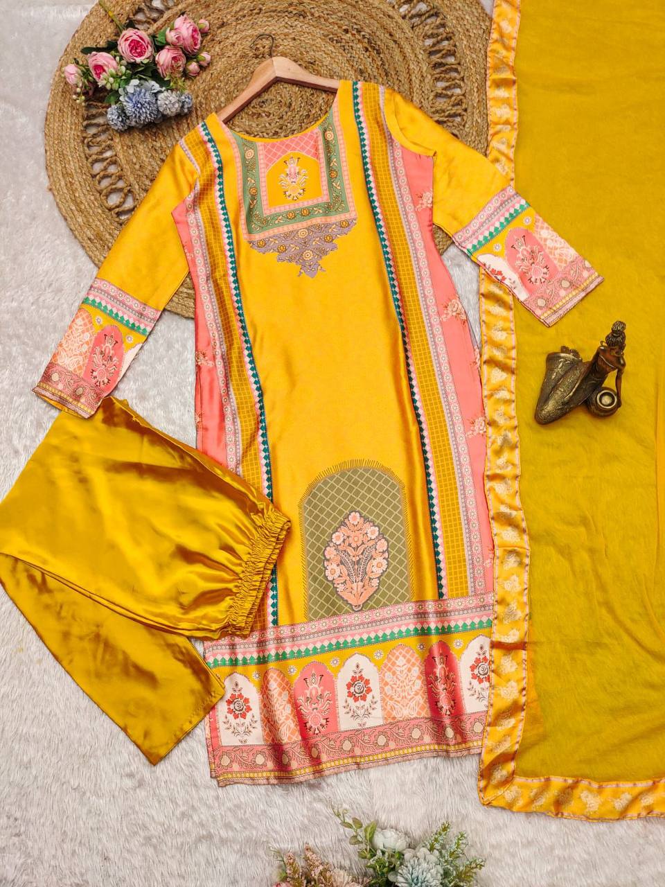 Vibrant Yellow Satin Silk Suit Set with Nazneen Dupatta & Lace Detailing