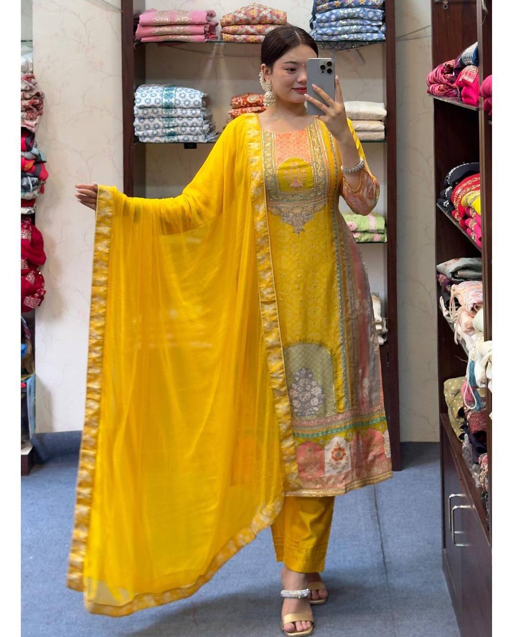 Vibrant Yellow Satin Silk Suit Set with Nazneen Dupatta & Lace Detailing