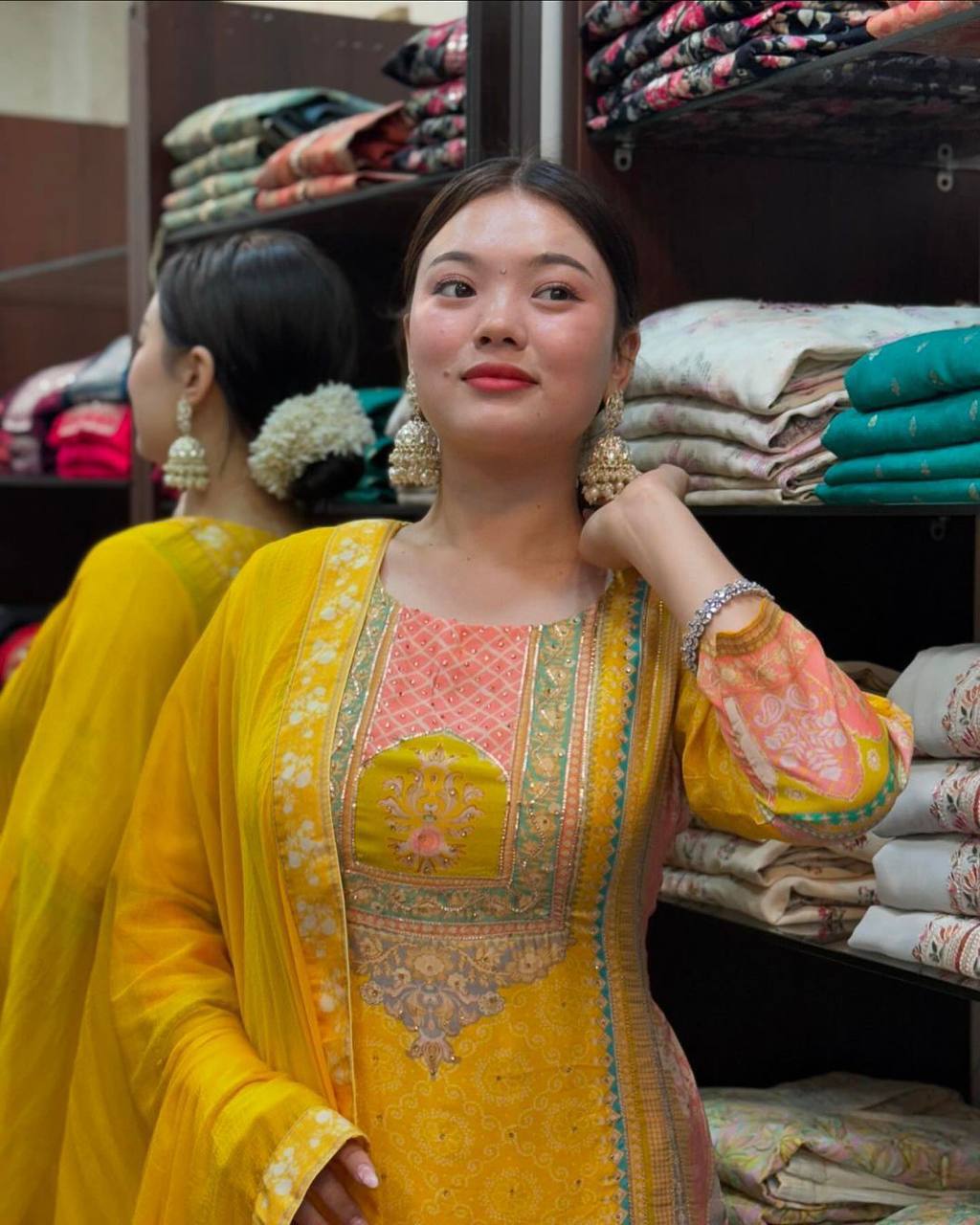 Vibrant Yellow Satin Silk Suit Set with Nazneen Dupatta & Lace Detailing