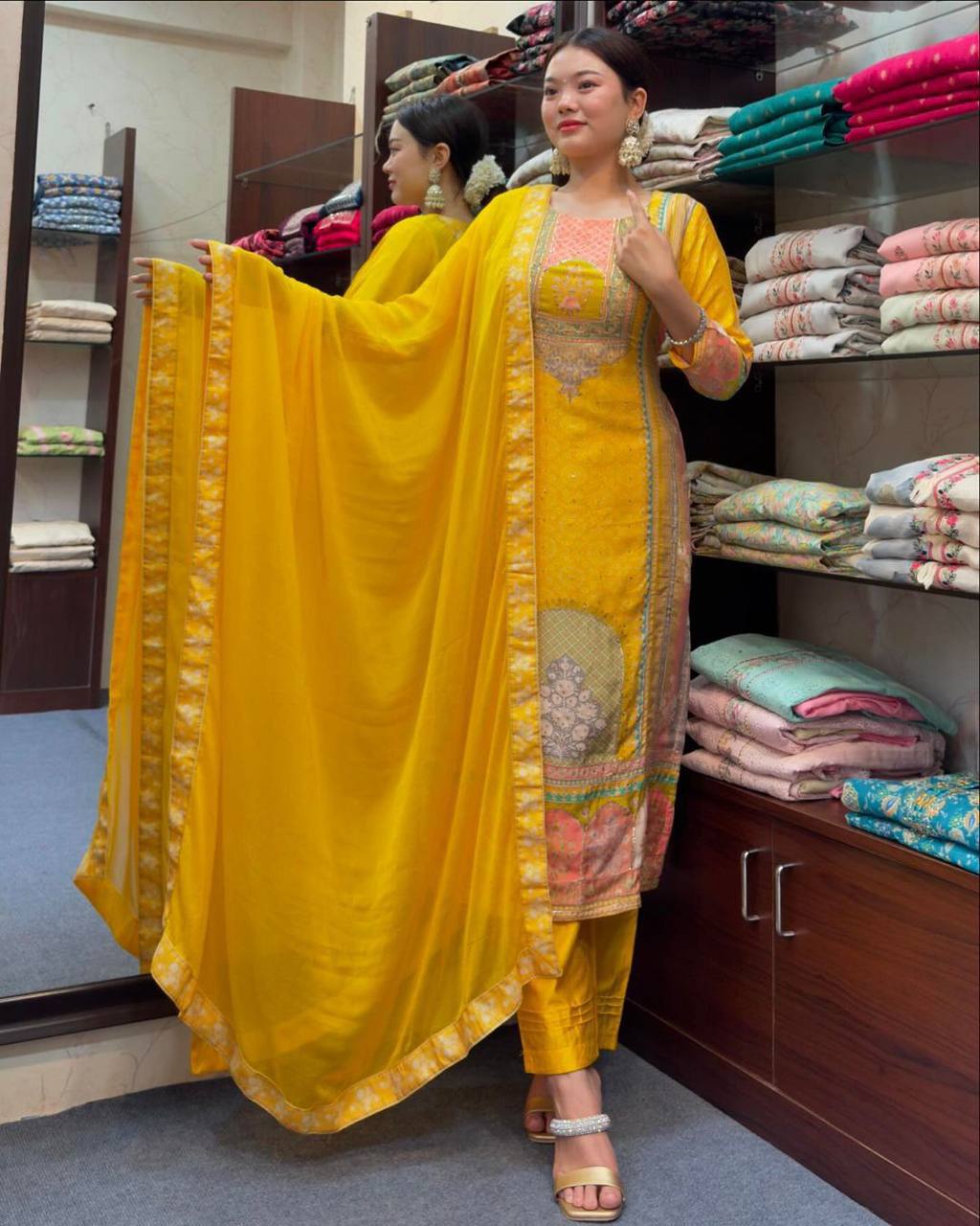 Vibrant Yellow Satin Silk Suit Set with Nazneen Dupatta & Lace Detailing