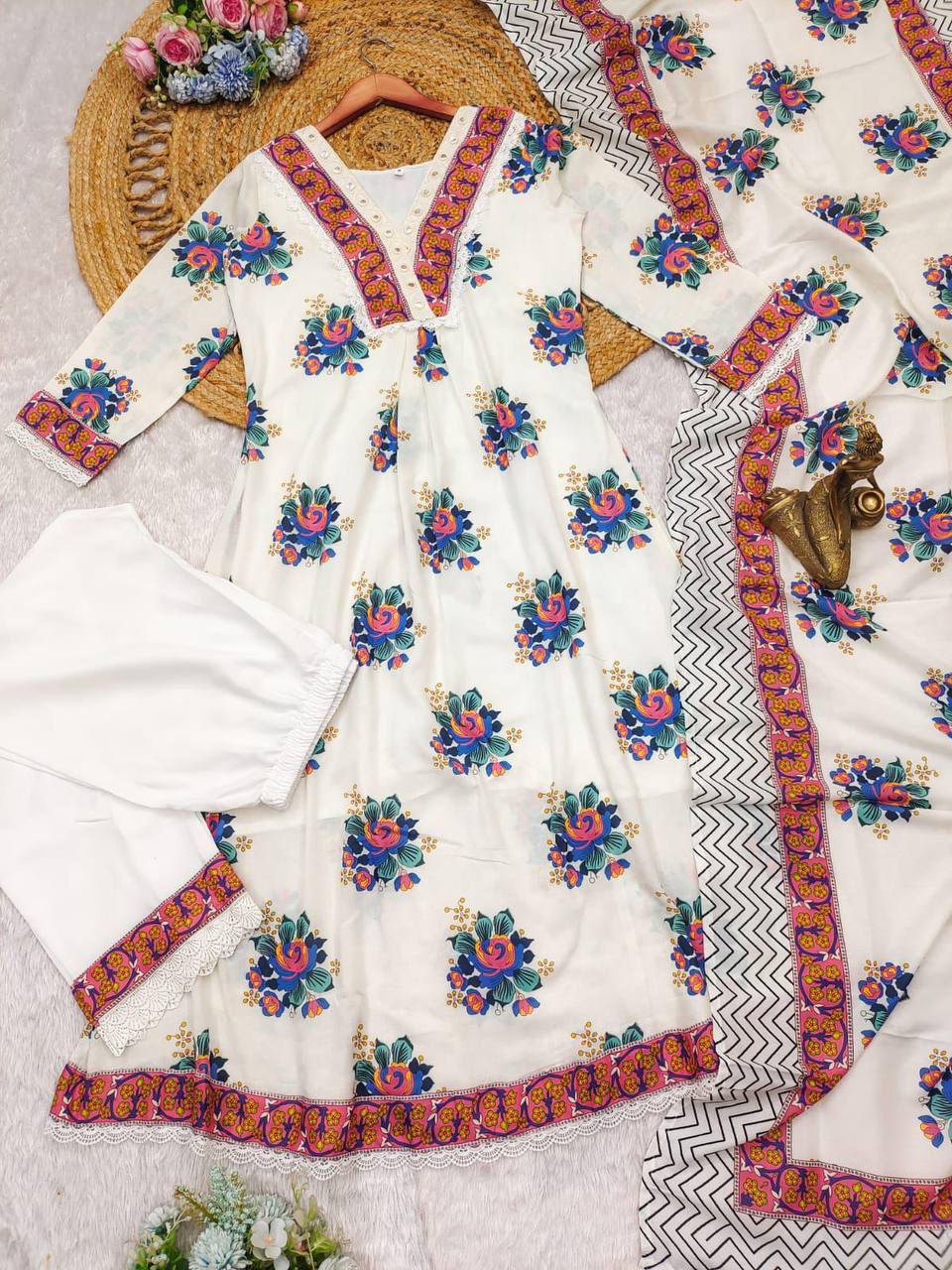 Elegant White Cotton Suit Set with Embroidery & Lace Detailing