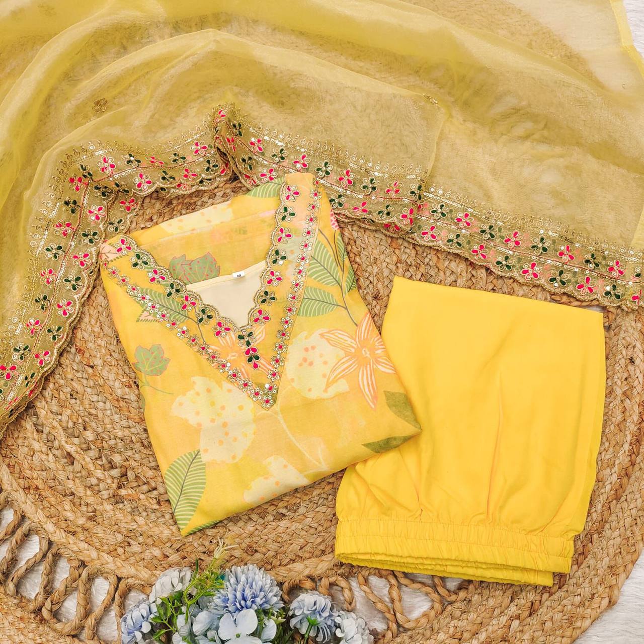 Elegant Yellow MASLEEN Silk Suit Set with Sequence Work & Organza Dupatta | Perfect for Festive Occasions