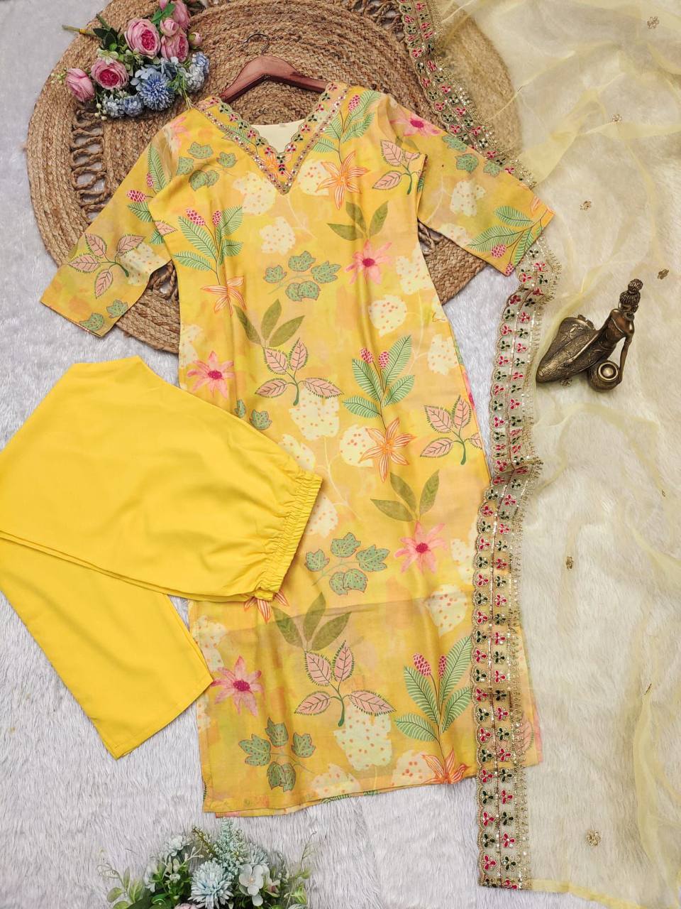 Elegant Yellow MASLEEN Silk Suit Set with Sequence Work & Organza Dupatta | Perfect for Festive Occasions