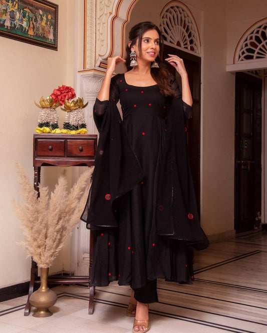 Chic Fox Georgette Maxi Dress with Embroidery & Dupatta | Elegant Casual Wear | Sizes S-3XL