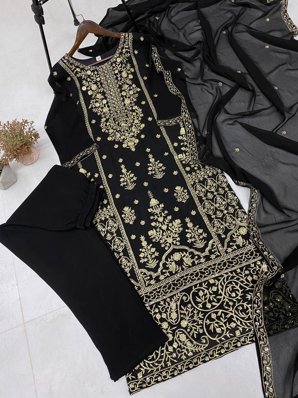 Elegant Faux Georgette Sequins Embroidered Set with Pant and Dupatta