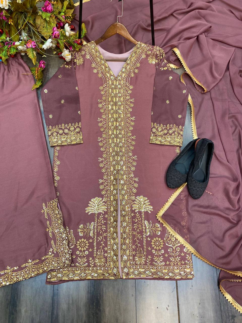 Elegant Designer Star Georgette Sequence Embroidered Suit with Plazo & Dupatta