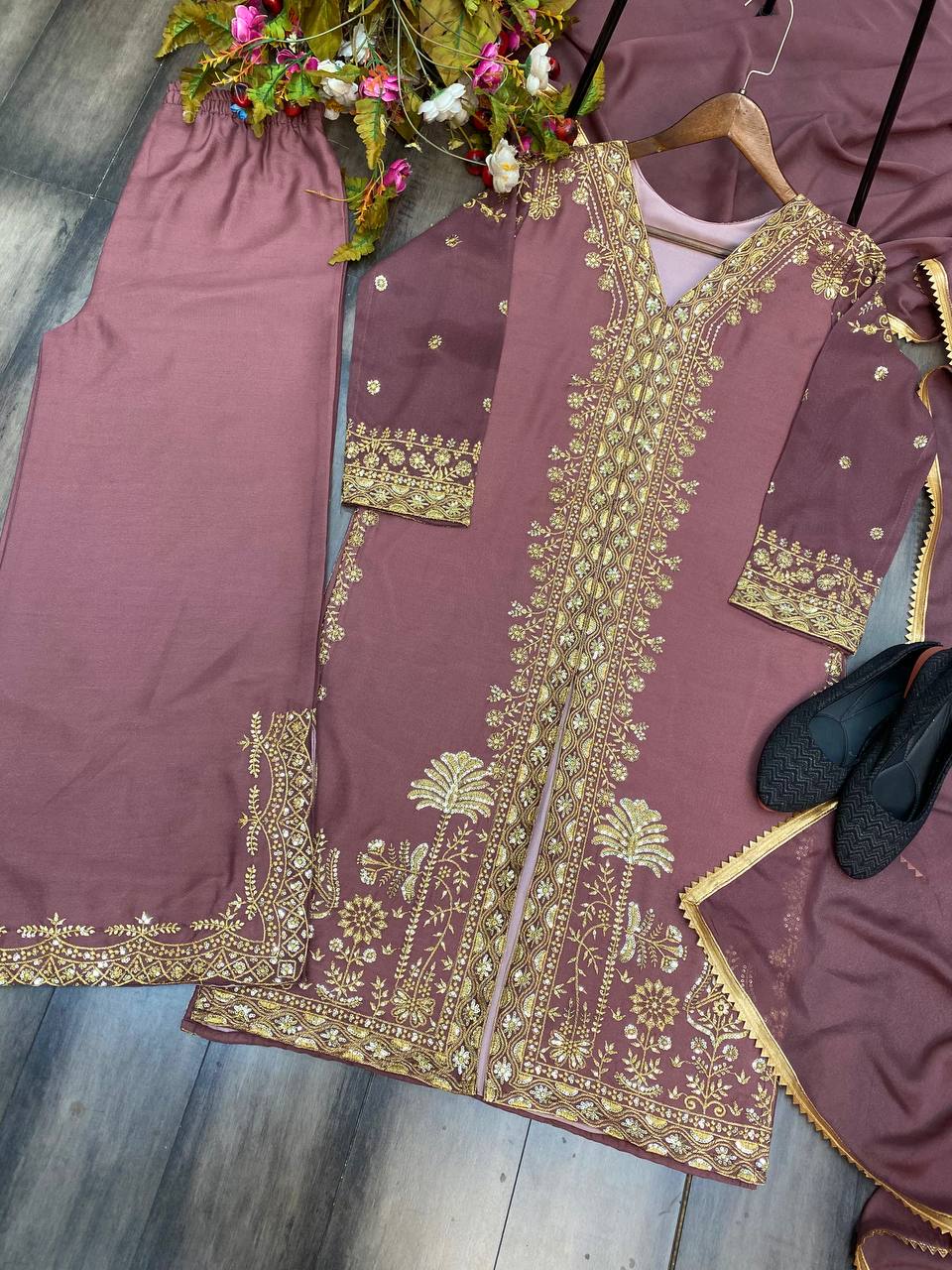 Elegant Designer Star Georgette Sequence Embroidered Suit with Plazo & Dupatta