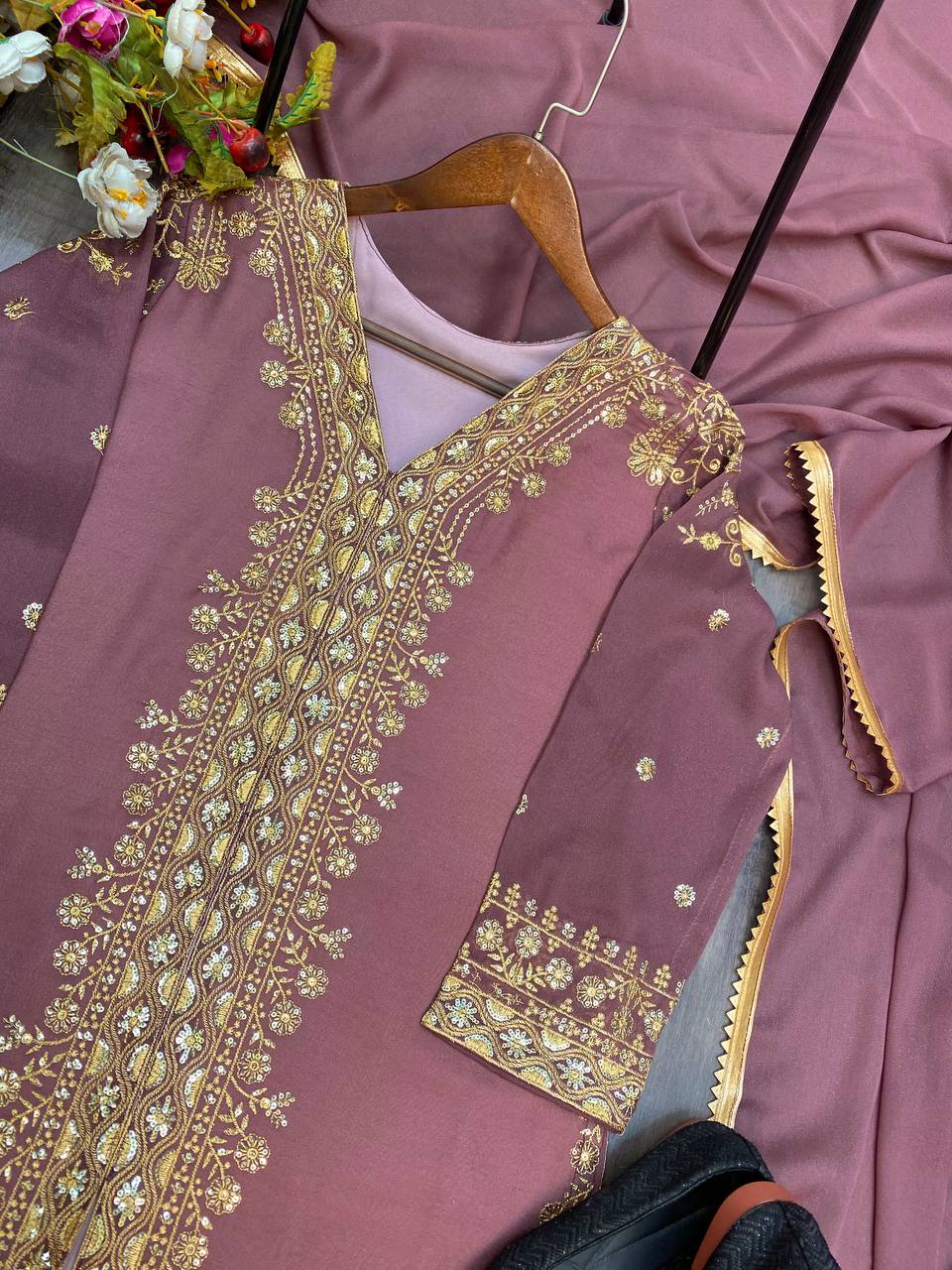 Elegant Designer Star Georgette Sequence Embroidered Suit with Plazo & Dupatta