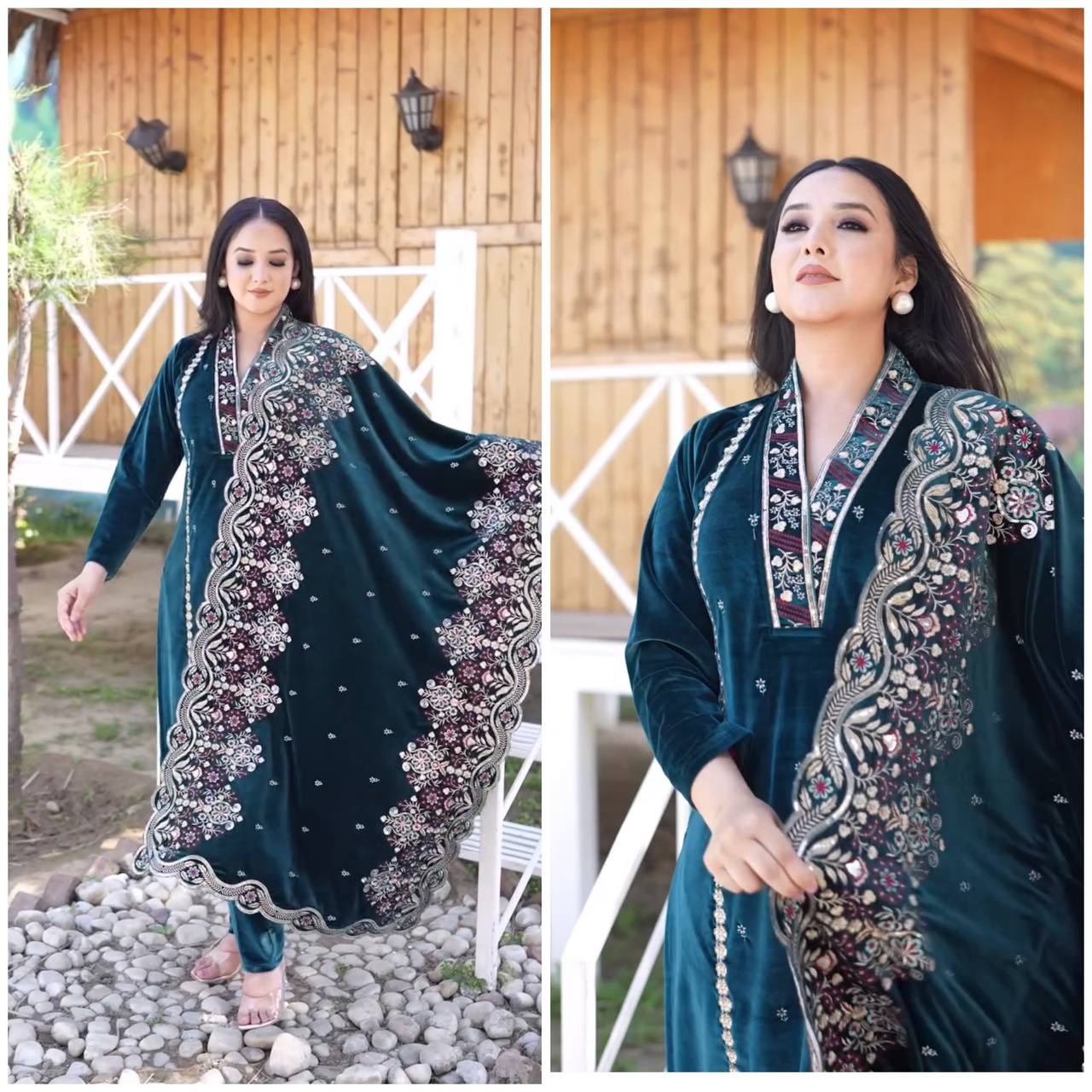 Luxury Velvet Sequins Embroidered Suit with Plazo and Dupatta