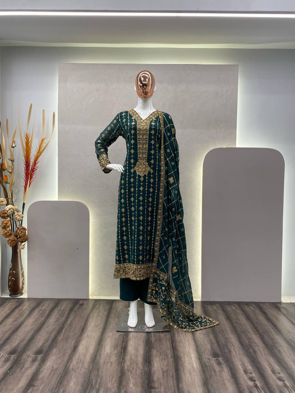 "Exquisite Eid Special Faux Georgette Sequin Embroidered Suit with Stitched Pant & Dupatta"